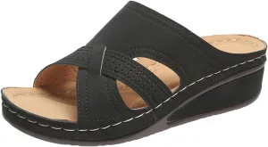 Wedge Summer Sandals for Women, Open Toe Wide Sandals, Slip On Low Wedge Slippers Comfortable Breathable Dressy Summer Shoes Walking Slides Orthopedic Shoes Comfort Wear Sandal with Arch Support