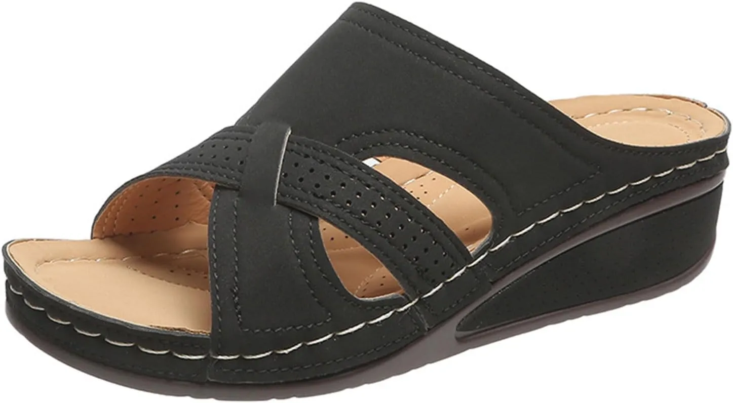 Wedge Summer Sandals for Women, Open Toe Wide Sandals, Slip On Low Wedge Slippers Comfortable Breathable Dressy Summer Shoes Walking Slides Orthopedic Shoes Comfort Wear Sandal with Arch Support