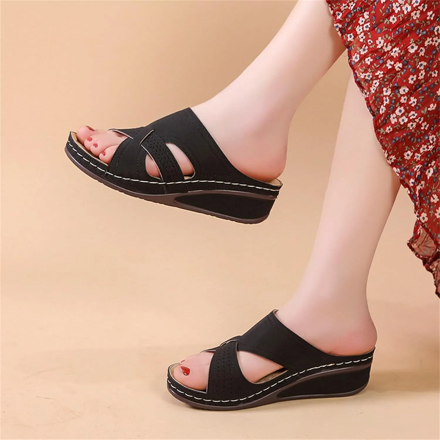 Wedge Summer Sandals for Women, Open Toe Wide Sandals, Slip On Low Wedge Slippers Comfortable Breathable Dressy Summer Shoes Walking Slides Orthopedic Shoes Comfort Wear Sandal with Arch Support