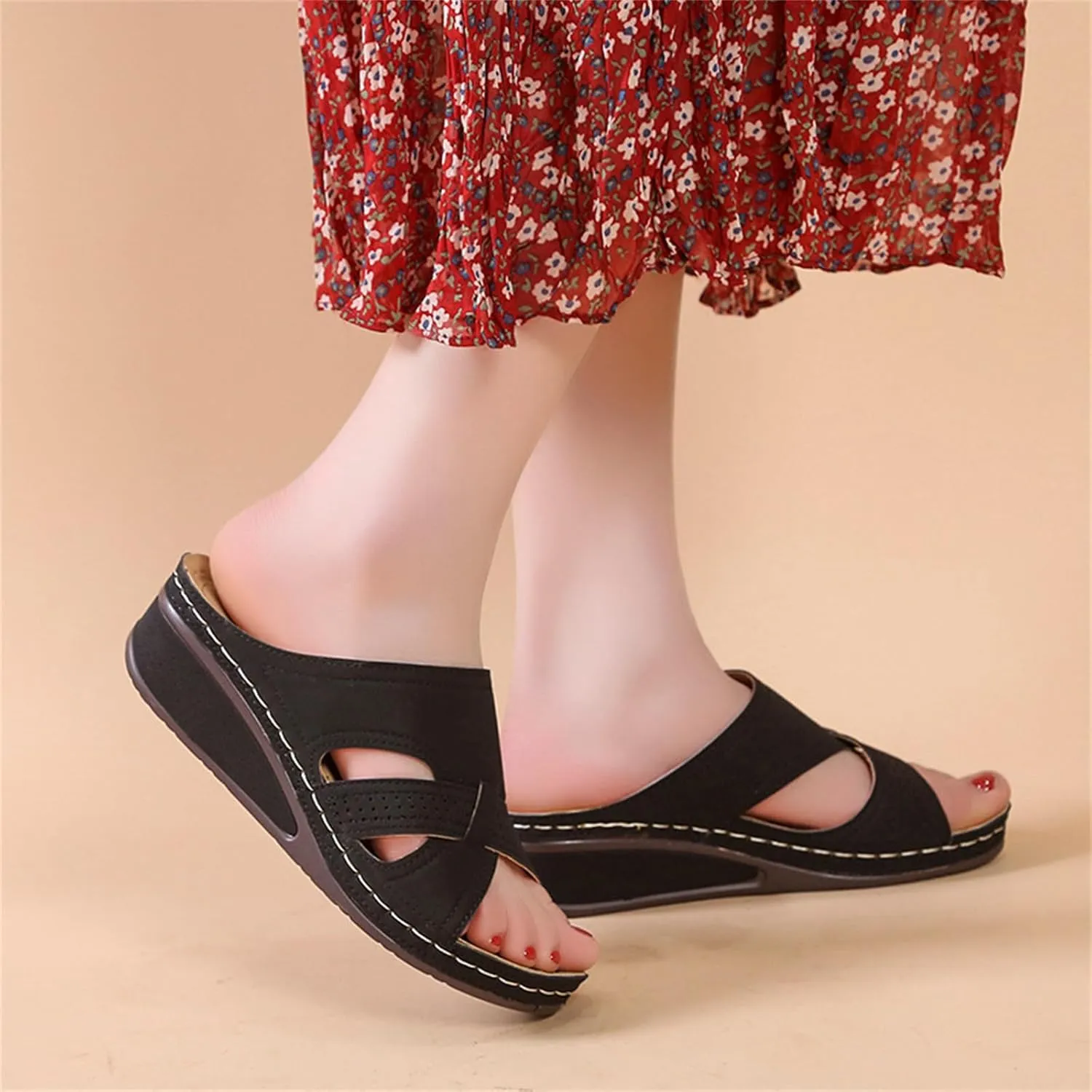 Wedge Summer Sandals for Women, Open Toe Wide Sandals, Slip On Low Wedge Slippers Comfortable Breathable Dressy Summer Shoes Walking Slides Orthopedic Shoes Comfort Wear Sandal with Arch Support