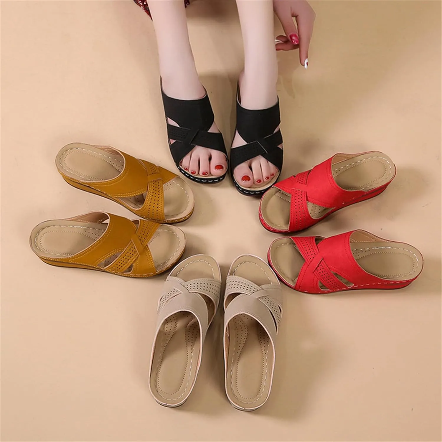 Wedge Summer Sandals for Women, Open Toe Wide Sandals, Slip On Low Wedge Slippers Comfortable Breathable Dressy Summer Shoes Walking Slides Orthopedic Shoes Comfort Wear Sandal with Arch Support