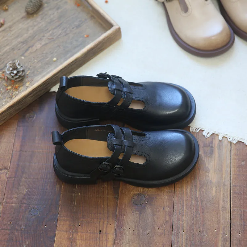 Women Retro Hollow Cowhide Leather Loafers