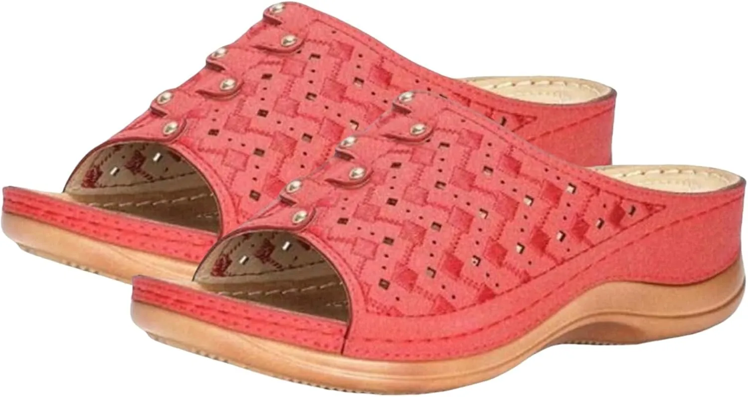 Women Wedge Sandals Summer Dressy Low Heel Sandals Comfortable Soft Leather Slip On Sandal Shoes with Arch Support Available Shoes for Summer Beach Oceanside Holiday Outdoor