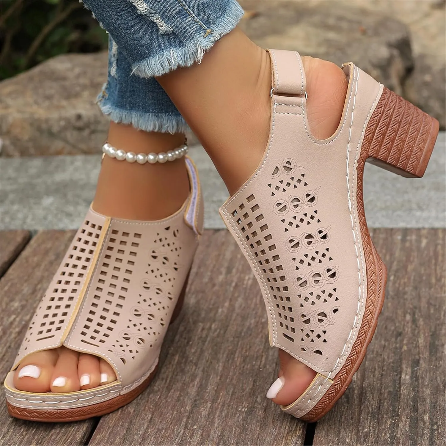 Women's Ankle Strap Heels Open Toe High Heel Chunky Sandals Boots Cutout Dress Shoes Strappy Sandals
