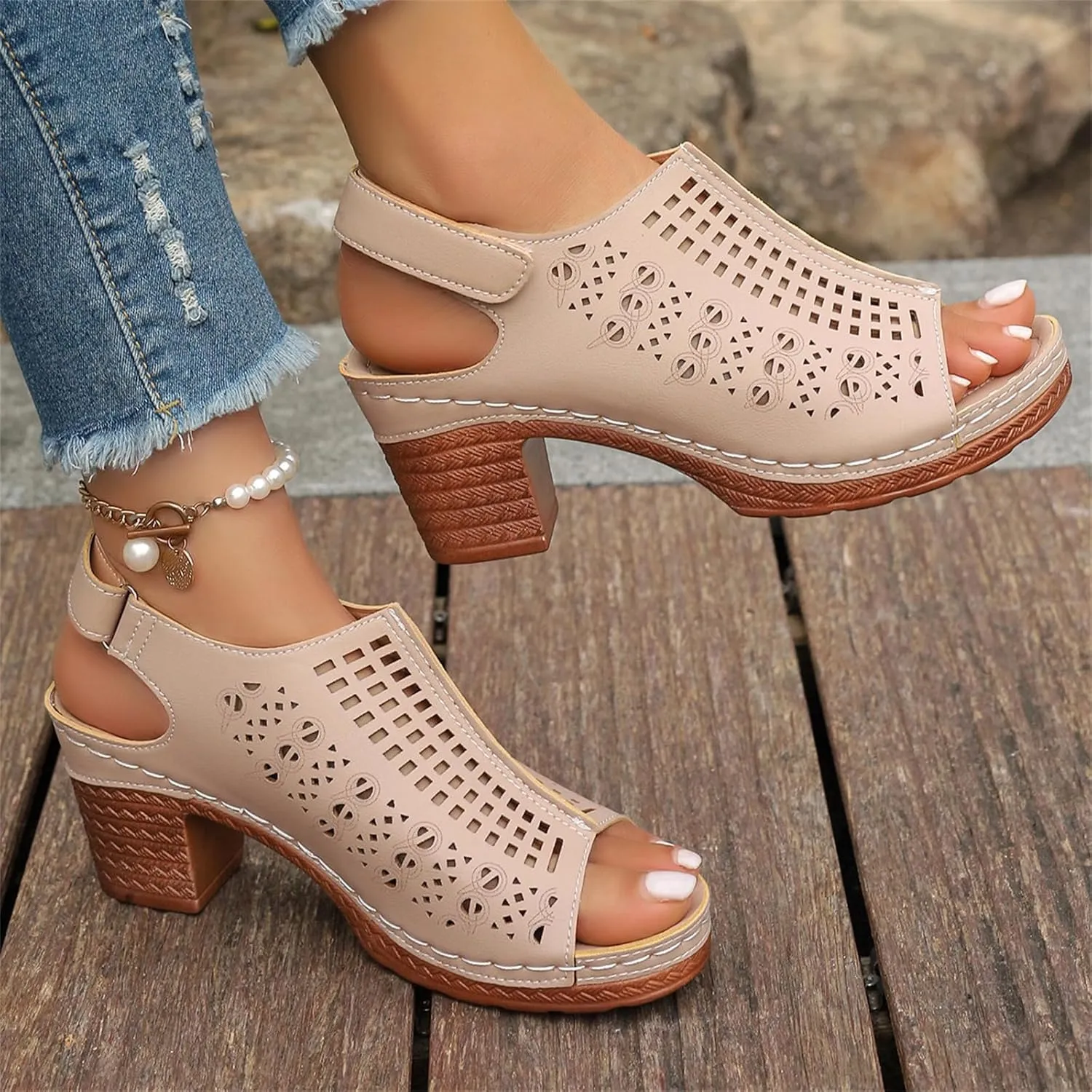 Women's Ankle Strap Heels Open Toe High Heel Chunky Sandals Boots Cutout Dress Shoes Strappy Sandals