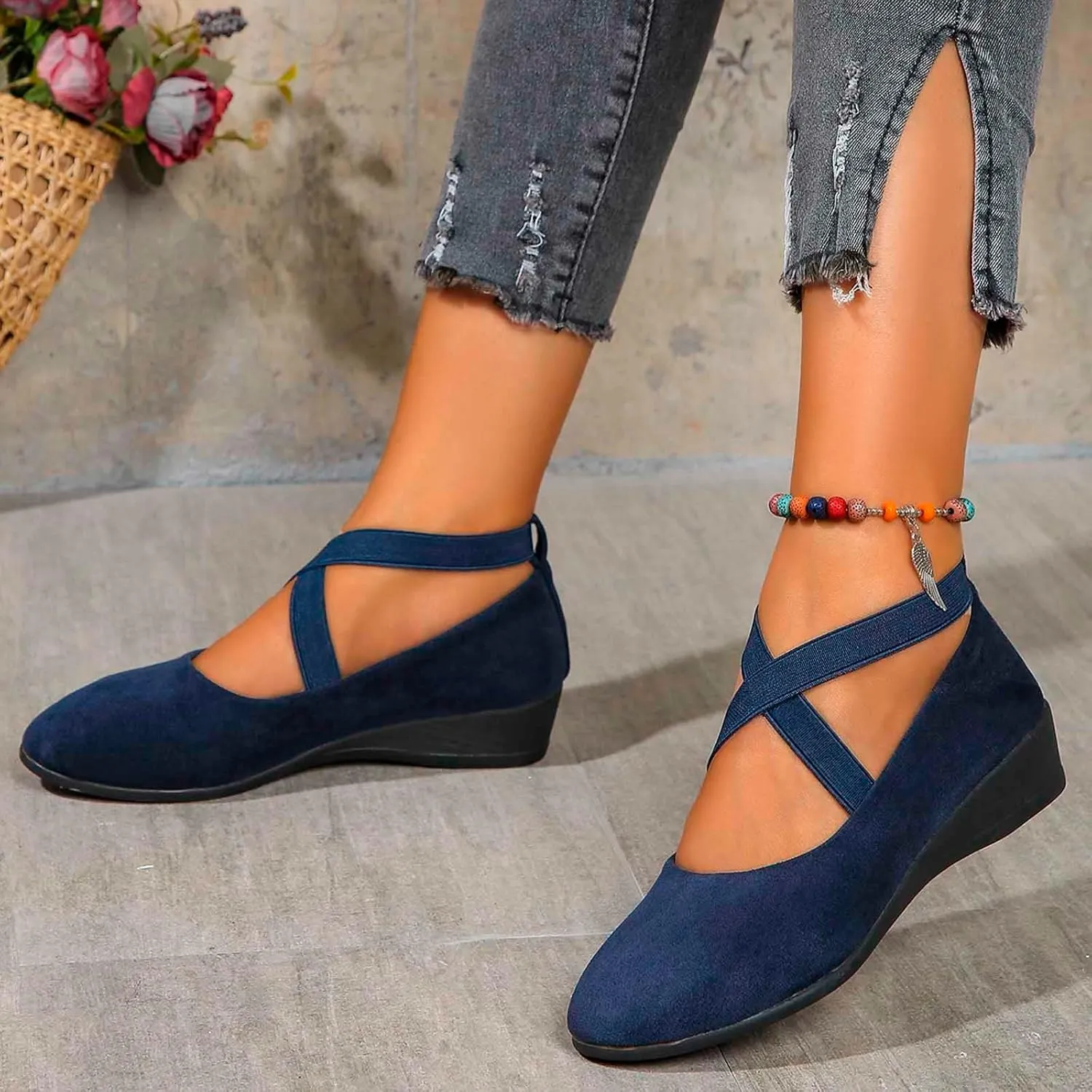 Women's Comfortable Fashion Flats Shoes Dressy Elastic Ankle Strap Round Toe Slip-On Flats Office Elastic Ankle Straps Shoes