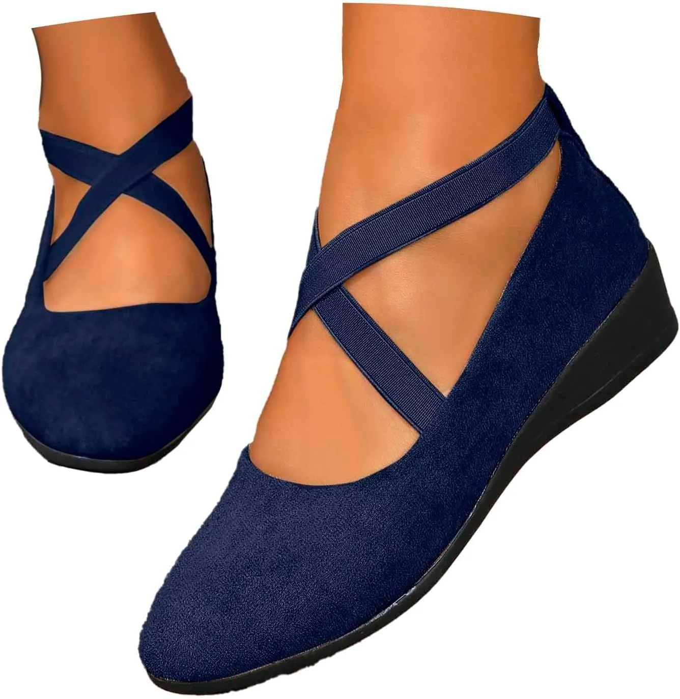 Women's Comfortable Fashion Flats Shoes Dressy Elastic Ankle Strap Round Toe Slip-On Flats Office Elastic Ankle Straps Shoes
