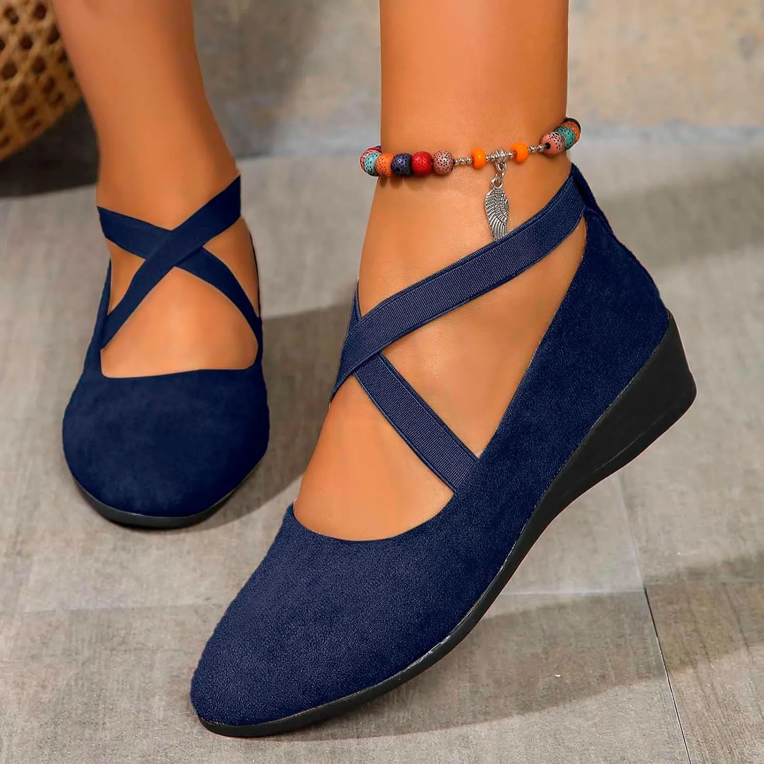 Women's Comfortable Fashion Flats Shoes Dressy Elastic Ankle Strap Round Toe Slip-On Flats Office Elastic Ankle Straps Shoes