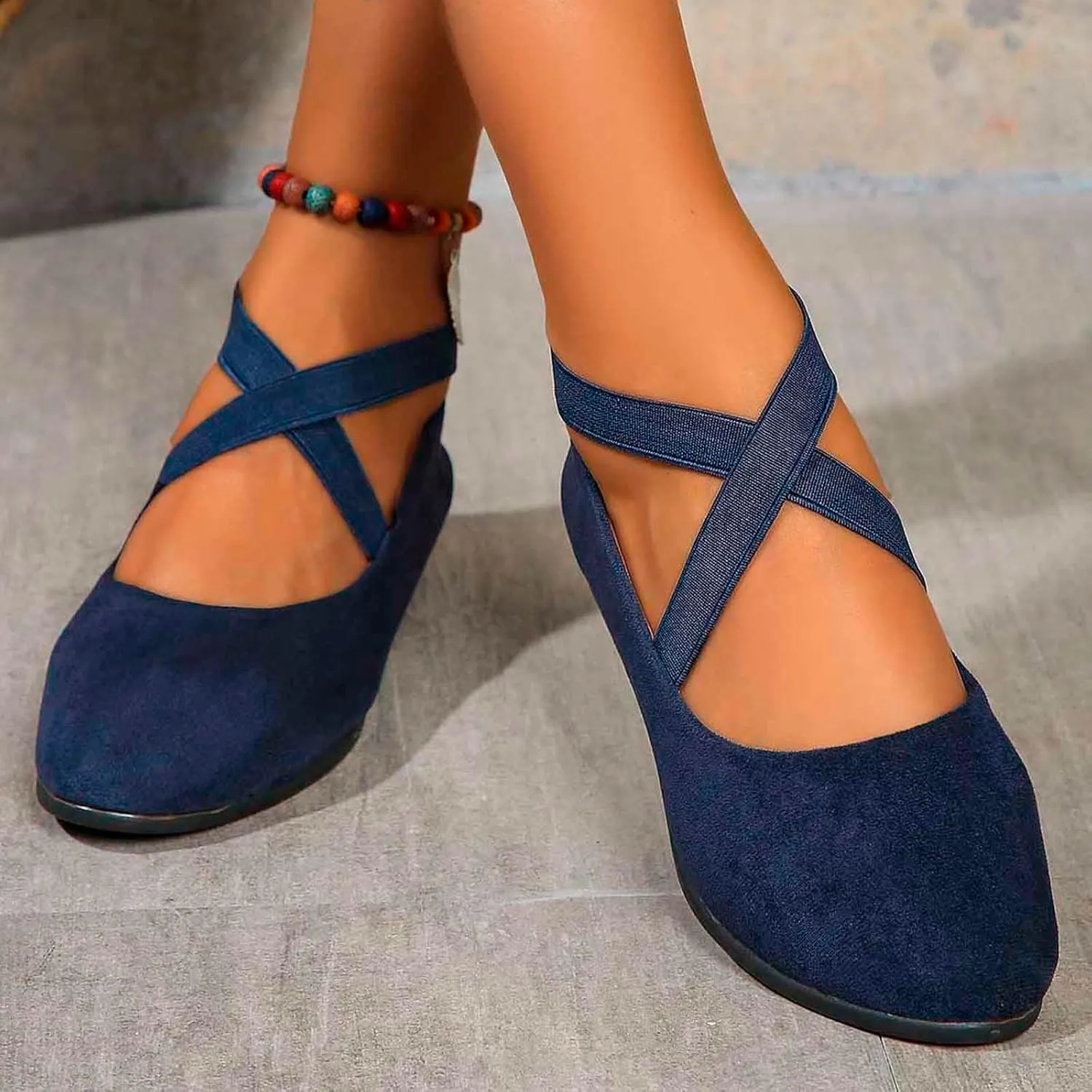 Women's Comfortable Fashion Flats Shoes Dressy Elastic Ankle Strap Round Toe Slip-On Flats Office Elastic Ankle Straps Shoes