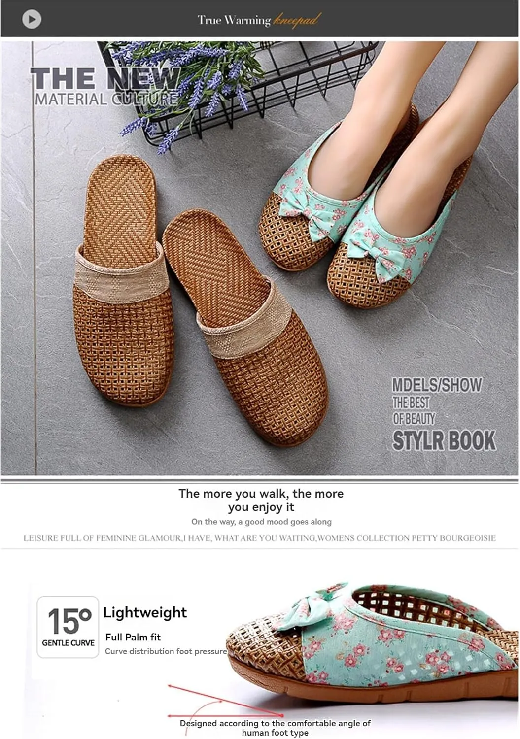 Womens Flat Sandals Summer Linen Home Slippers Vine Grass Woven Slippers Non-Slip Casual Sandals Breathable Open Toe Home Shoes Comfortable Indoor Sandal