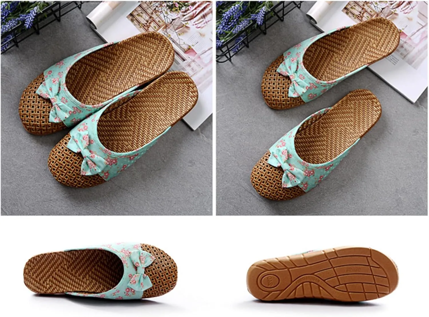 Womens Flat Sandals Summer Linen Home Slippers Vine Grass Woven Slippers Non-Slip Casual Sandals Breathable Open Toe Home Shoes Comfortable Indoor Sandal