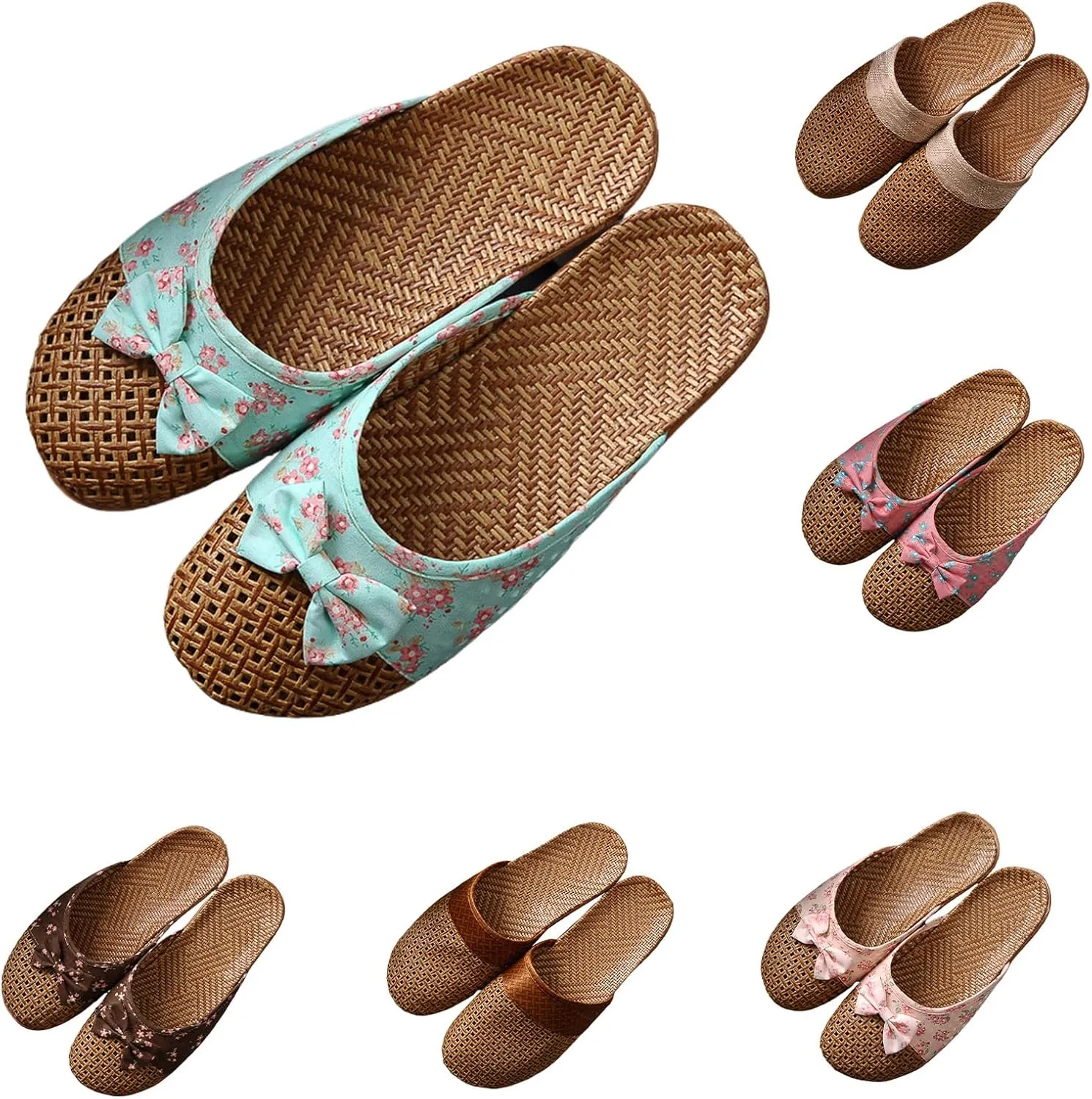 Womens Flat Sandals Summer Linen Home Slippers Vine Grass Woven Slippers Non-Slip Casual Sandals Breathable Open Toe Home Shoes Comfortable Indoor Sandal