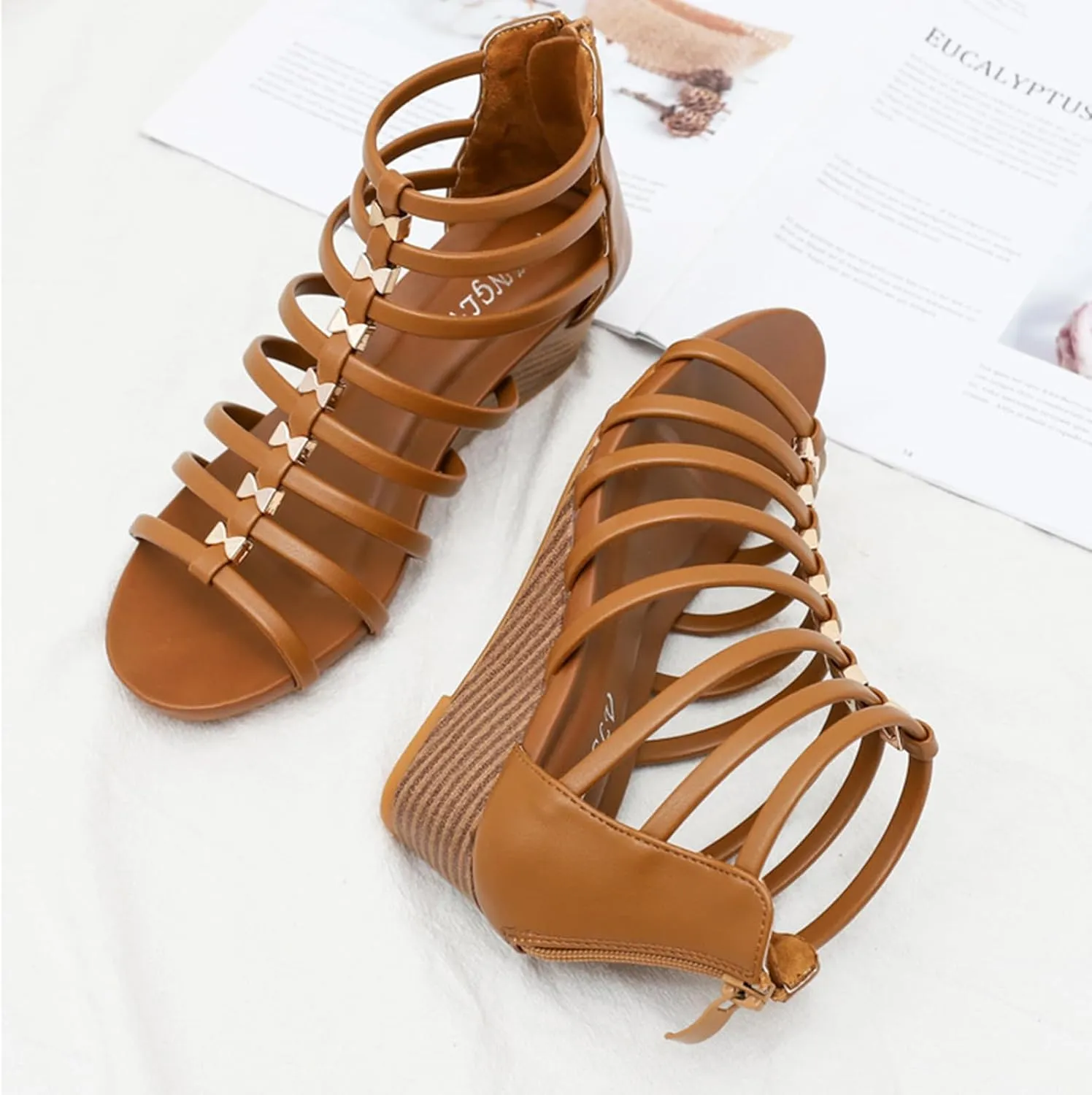Womens Gladiator Sandals Roman Zipper Strappy Wedge Sandals Open Toe Multi Strap Wedges, Summer Ankle Strap Slip on Flat Wedge Sandal Beach Outdoor Comfortable Walking Shoes
