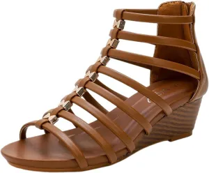Womens Gladiator Sandals Roman Zipper Strappy Wedge Sandals Open Toe Multi Strap Wedges, Summer Ankle Strap Slip on Flat Wedge Sandal Beach Outdoor Comfortable Walking Shoes