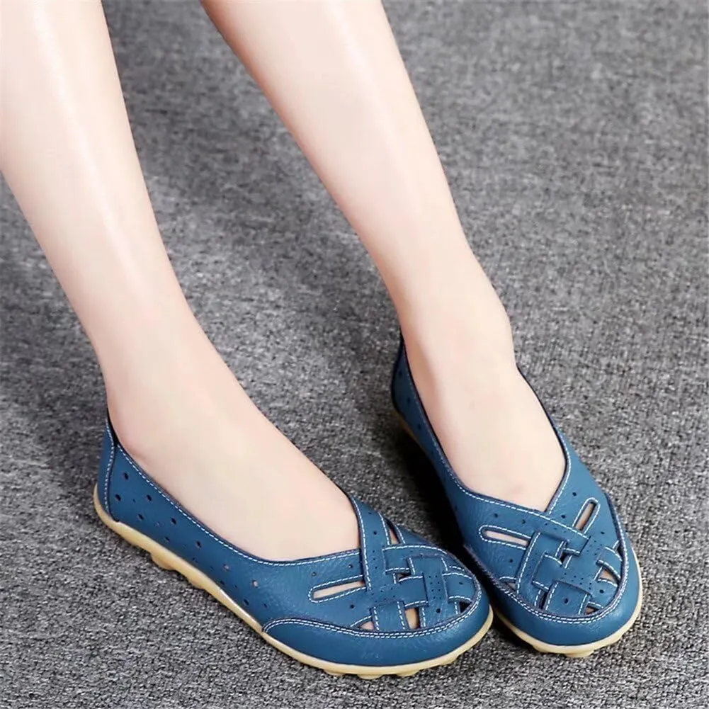Womens Leather Loafers Hollow Out Breathable Soft Flats Slip on Casual Sandals Lightweight Round Toe Fashion Summer Sandals Comfortable Driving Walking Shoes