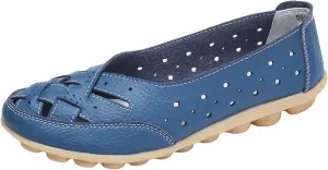 Womens Leather Loafers Hollow Out Breathable Soft Flats Slip on Casual Sandals Lightweight Round Toe Fashion Summer Sandals Comfortable Driving Walking Shoes