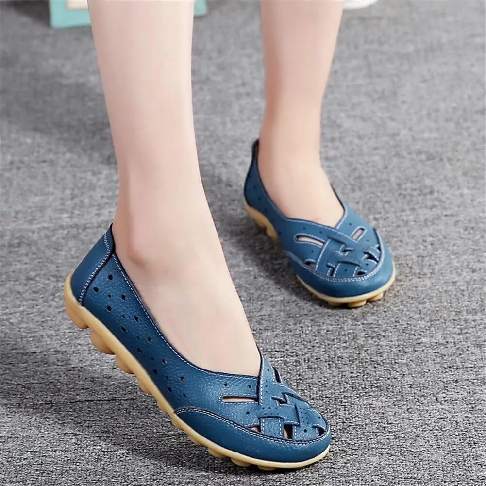 Womens Leather Loafers Hollow Out Breathable Soft Flats Slip on Casual Sandals Lightweight Round Toe Fashion Summer Sandals Comfortable Driving Walking Shoes