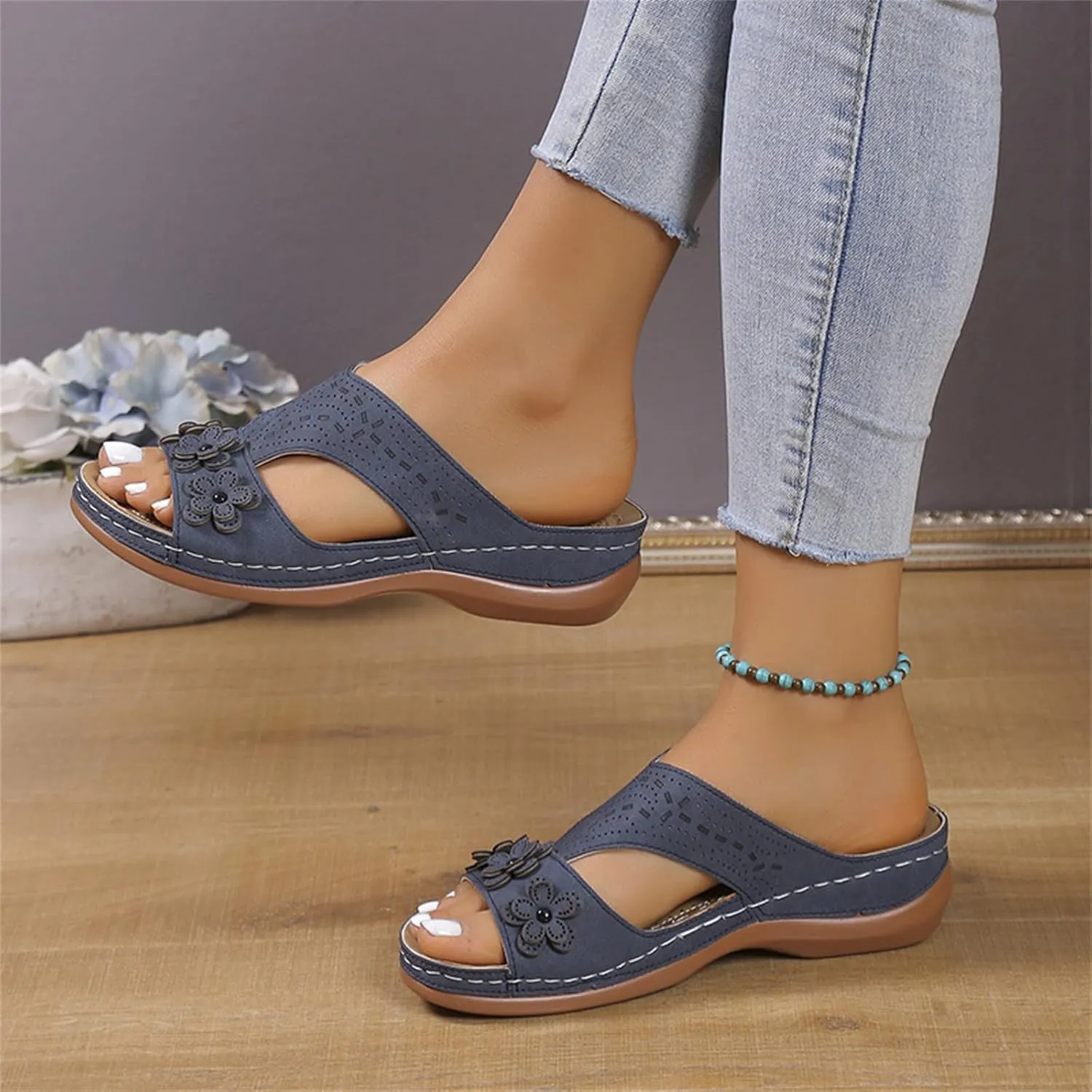 Womens Leather Low Wedge Sandals Comfortable Walking Casual Slip on Summer Sandals Rubber Sole Slippers Summer Beach Vacation Shoes