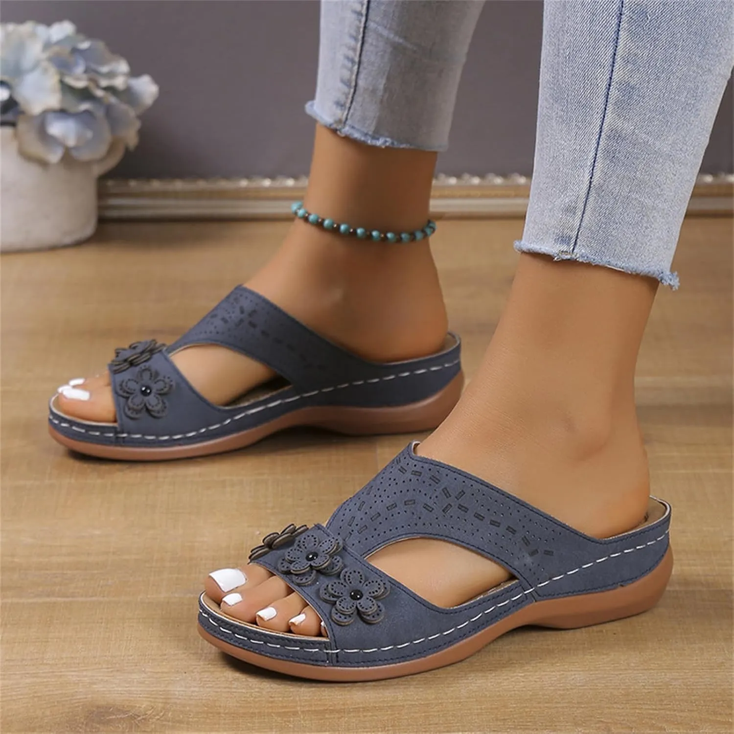Womens Leather Low Wedge Sandals Comfortable Walking Casual Slip on Summer Sandals Rubber Sole Slippers Summer Beach Vacation Shoes