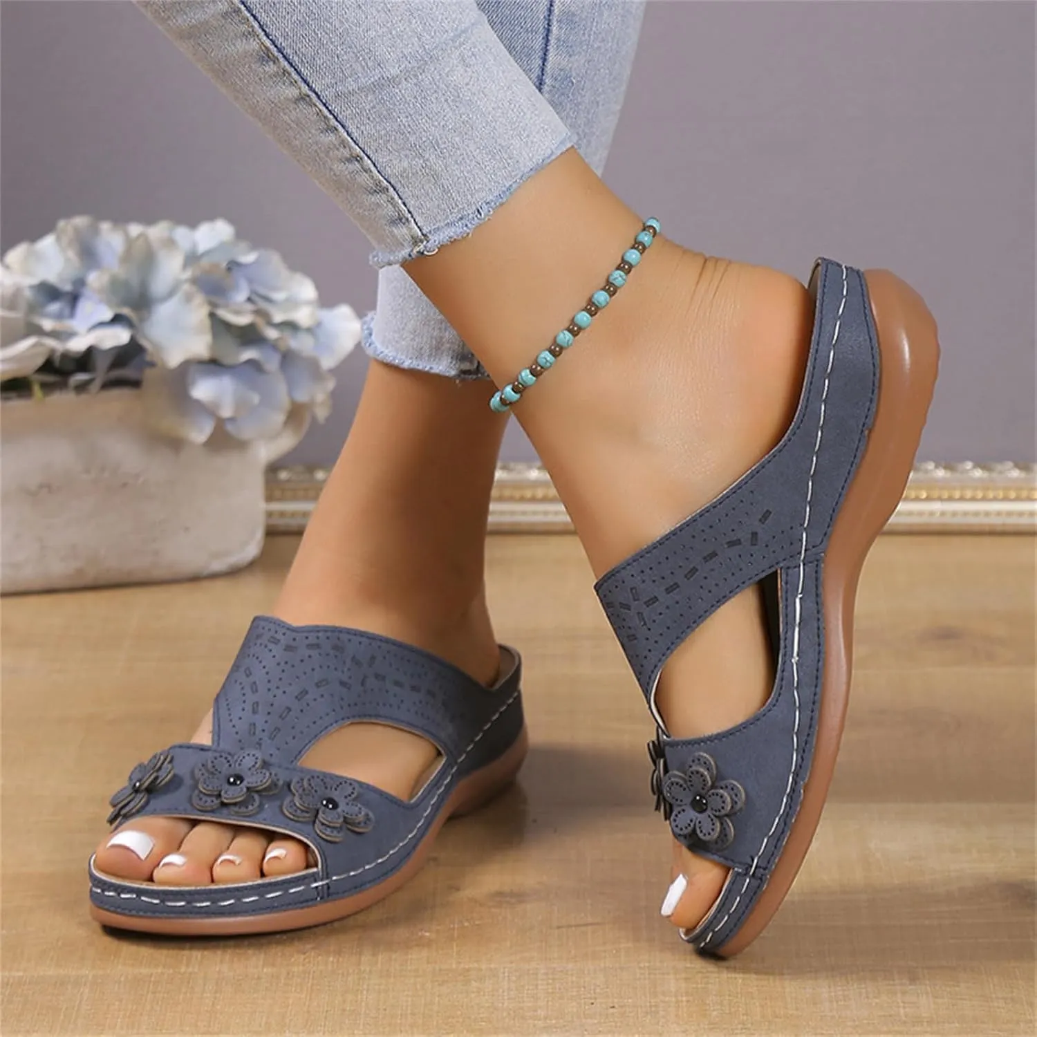 Womens Leather Low Wedge Sandals Comfortable Walking Casual Slip on Summer Sandals Rubber Sole Slippers Summer Beach Vacation Shoes