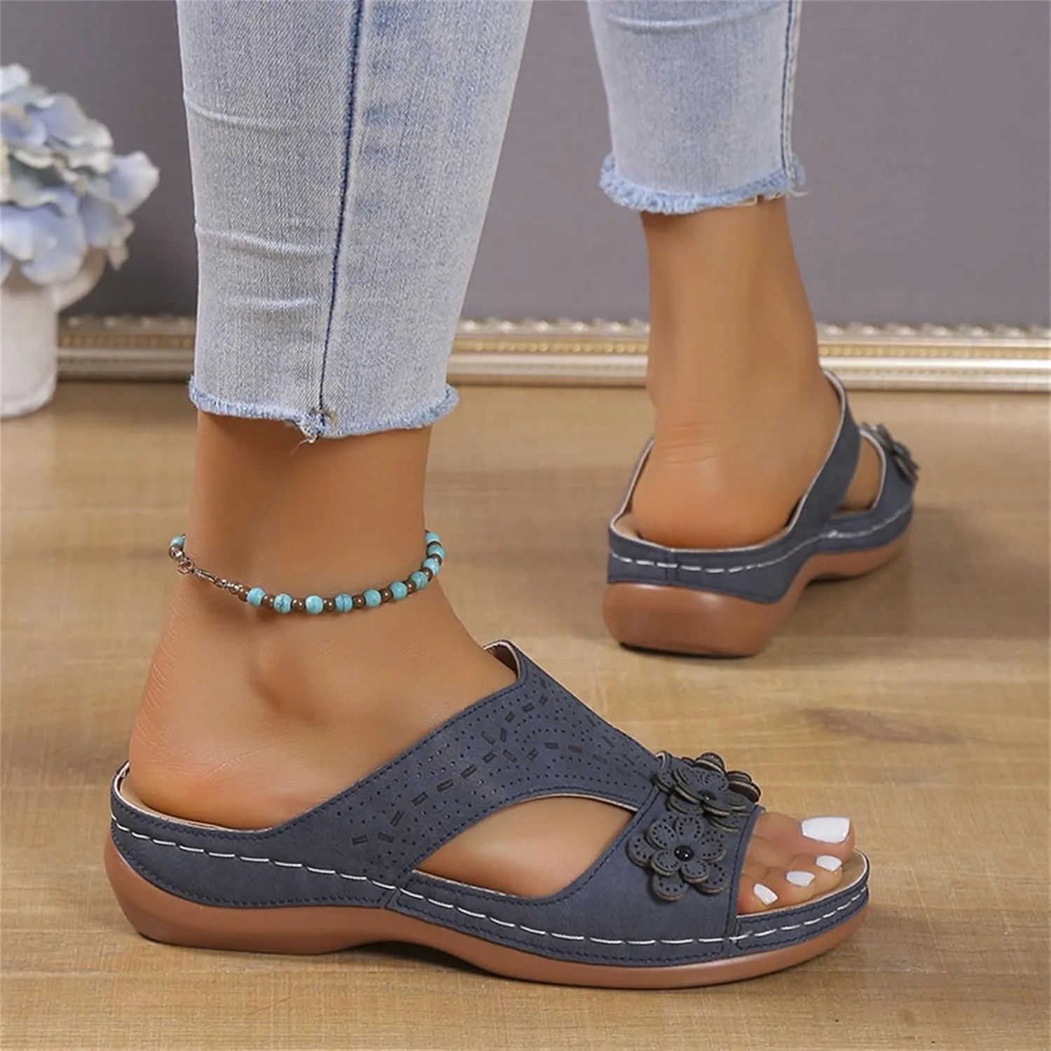 Womens Leather Low Wedge Sandals Comfortable Walking Casual Slip on Summer Sandals Rubber Sole Slippers Summer Beach Vacation Shoes
