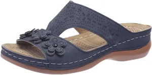 Womens Leather Low Wedge Sandals Comfortable Walking Casual Slip on Summer Sandals Rubber Sole Slippers Summer Beach Vacation Shoes