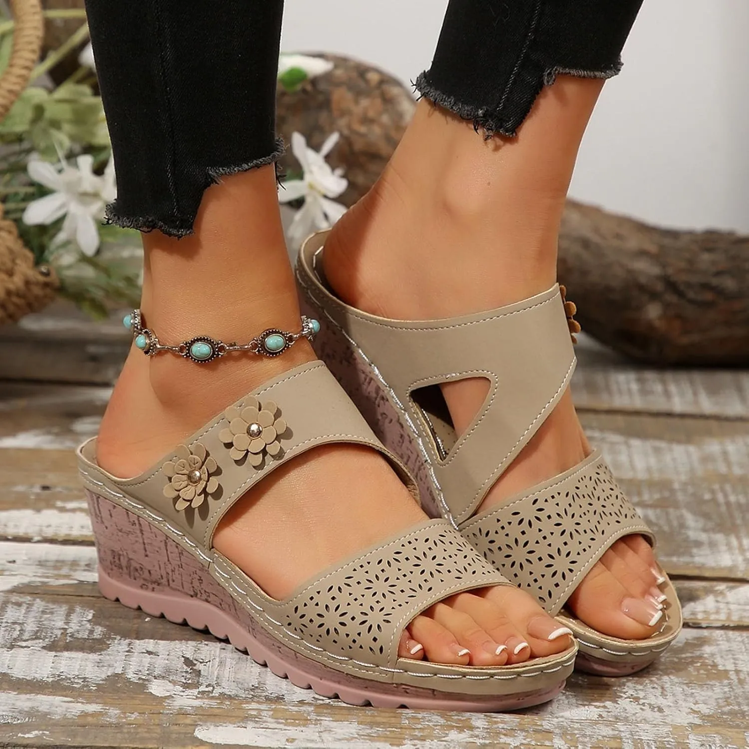 Women's Platform & Wedge Sandals Arch Support Orthopedic Sandals Dressy Flower Two Strap Slip on Sandal, Open Toe Hollow Out Breathable Walking Slippers Comfortable Summer Shoes