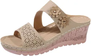Women's Platform & Wedge Sandals Arch Support Orthopedic Sandals Dressy Flower Two Strap Slip on Sandal, Open Toe Hollow Out Breathable Walking Slippers Comfortable Summer Shoes