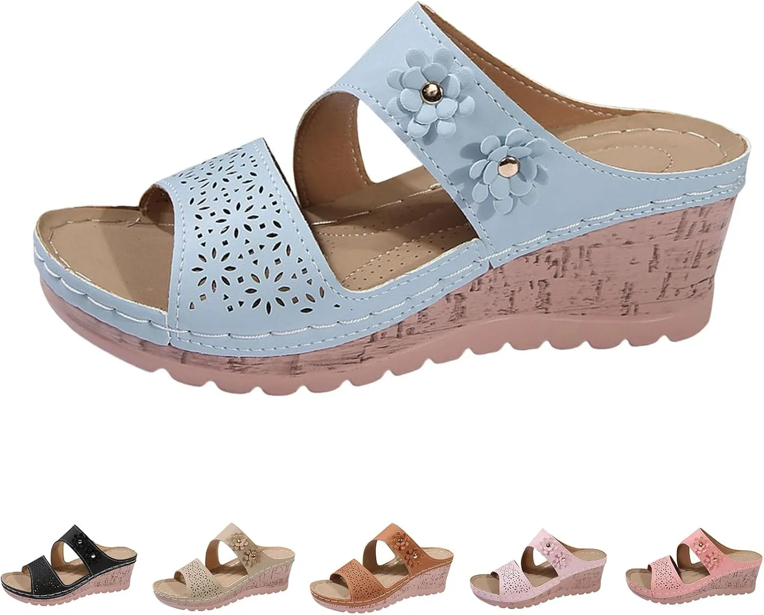 Women's Platform & Wedge Sandals Arch Support Orthopedic Sandals Dressy Flower Two Strap Slip on Sandal, Open Toe Hollow Out Breathable Walking Slippers Comfortable Summer Shoes