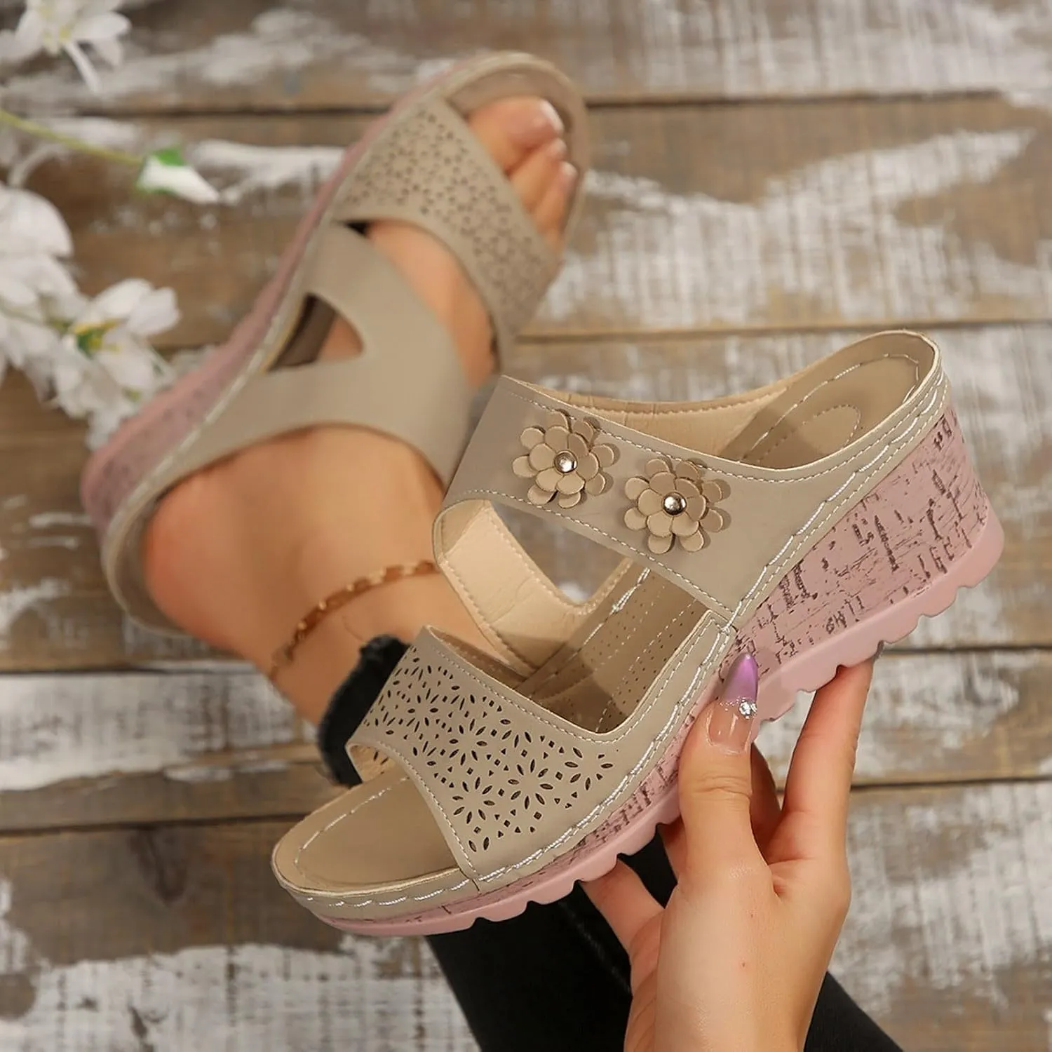 Women's Platform & Wedge Sandals Arch Support Orthopedic Sandals Dressy Flower Two Strap Slip on Sandal, Open Toe Hollow Out Breathable Walking Slippers Comfortable Summer Shoes