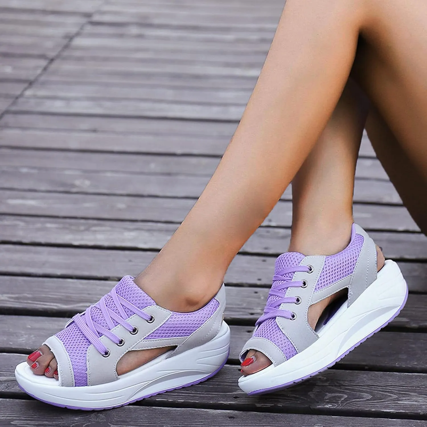 Womens Platform Sandals Contrast Paneled Cutout Lace-Up Muffin Sandals, Summer Causal Platform Sneakers Lace-Up Open Toe Tennis Shoes Comfortable Walking Sandal