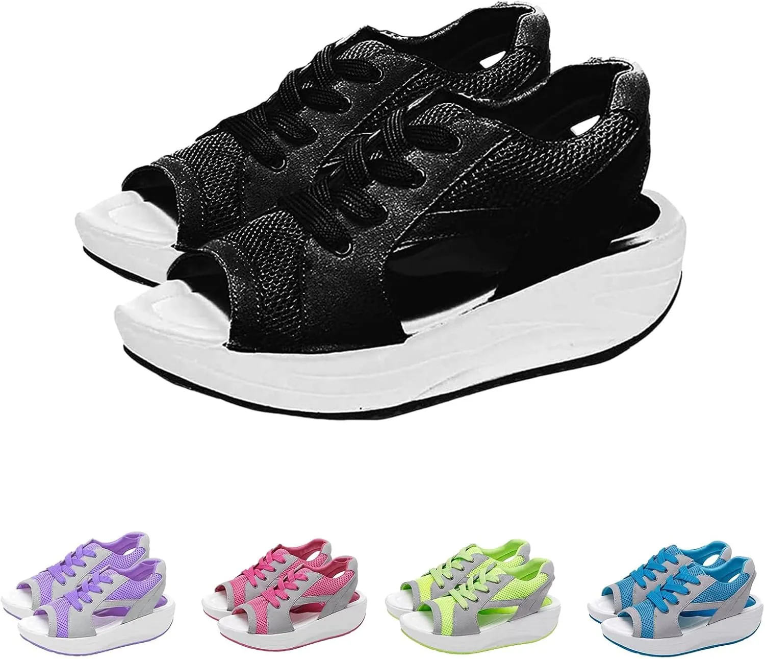Womens Platform Sandals Contrast Paneled Cutout Lace-Up Muffin Sandals, Summer Causal Platform Sneakers Lace-Up Open Toe Tennis Shoes Comfortable Walking Sandal