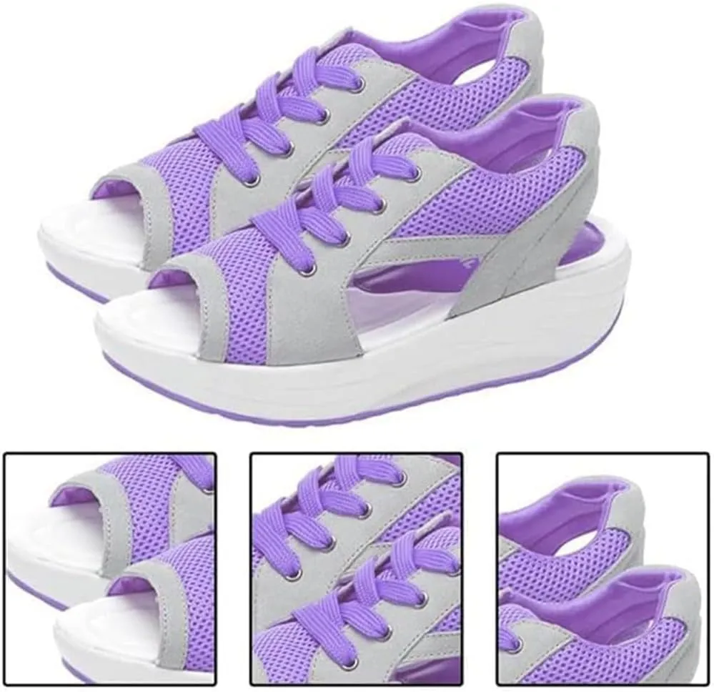 Womens Platform Sandals Contrast Paneled Cutout Lace-Up Muffin Sandals, Summer Causal Platform Sneakers Lace-Up Open Toe Tennis Shoes Comfortable Walking Sandal
