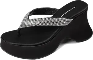 Women's Rhinestone Platform Arch Support Flip Flops Comfortable Chunky Heel Outdoor Non-slip Slip-on Thong Slides Sandals Summer Beach Dress Party Casual Slides Sandals