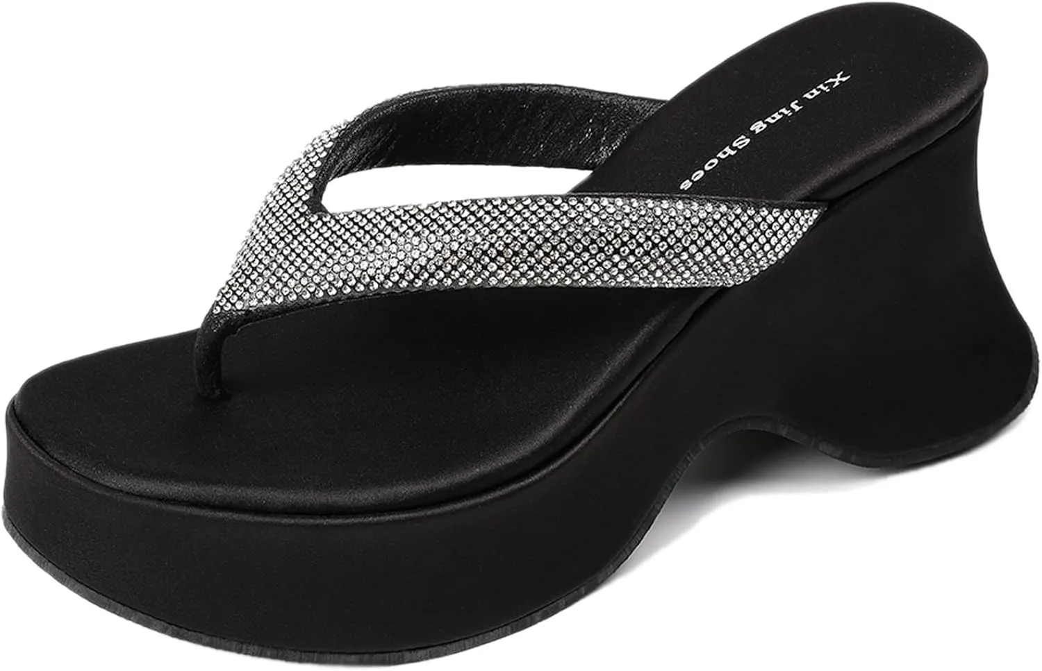 Women's Rhinestone Platform Arch Support Flip Flops Comfortable Chunky Heel Outdoor Non-slip Slip-on Thong Slides Sandals Summer Beach Dress Party Casual Slides Sandals