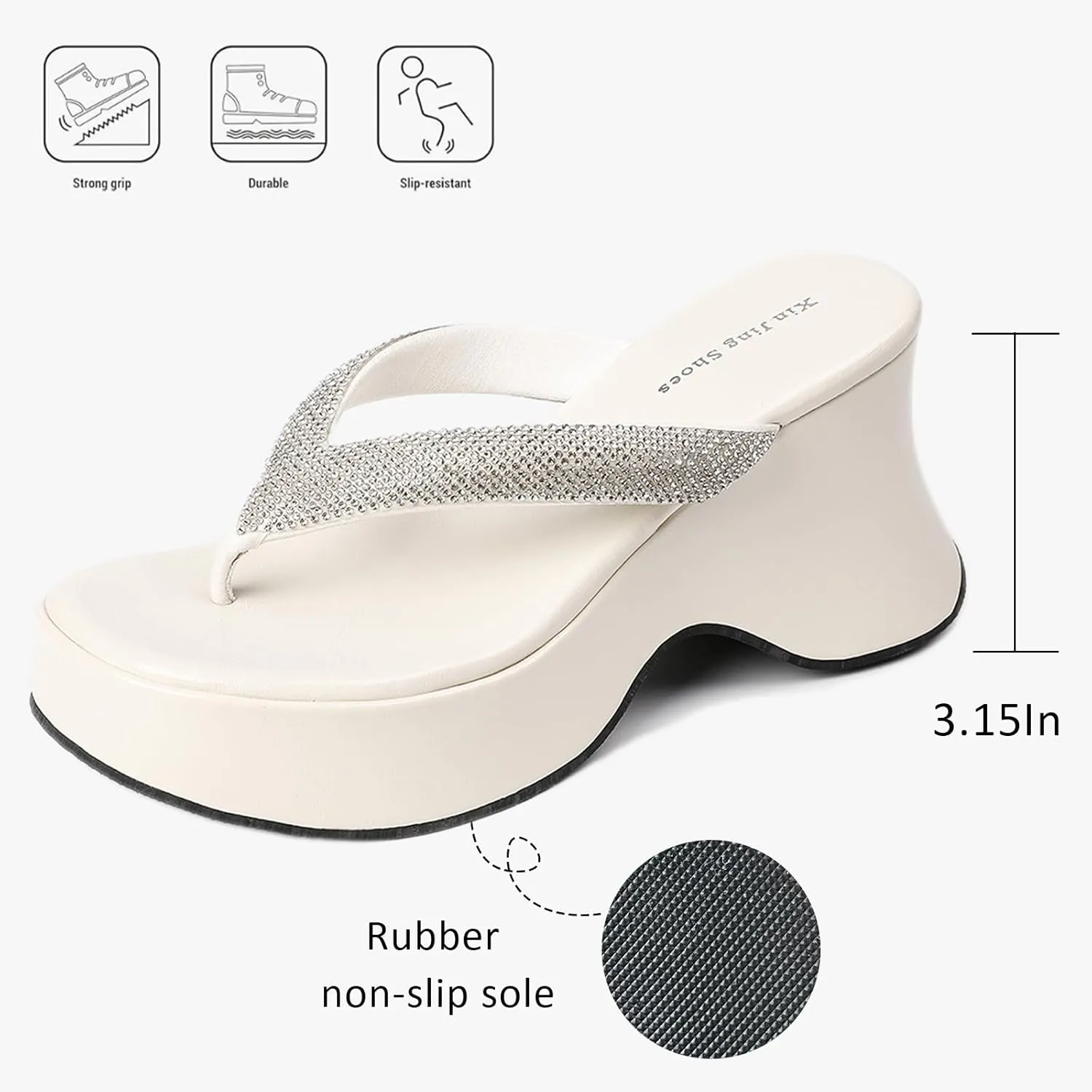 Women's Rhinestone Platform Arch Support Flip Flops Comfortable Chunky Heel Outdoor Non-slip Slip-on Thong Slides Sandals Summer Beach Dress Party Casual Slides Sandals