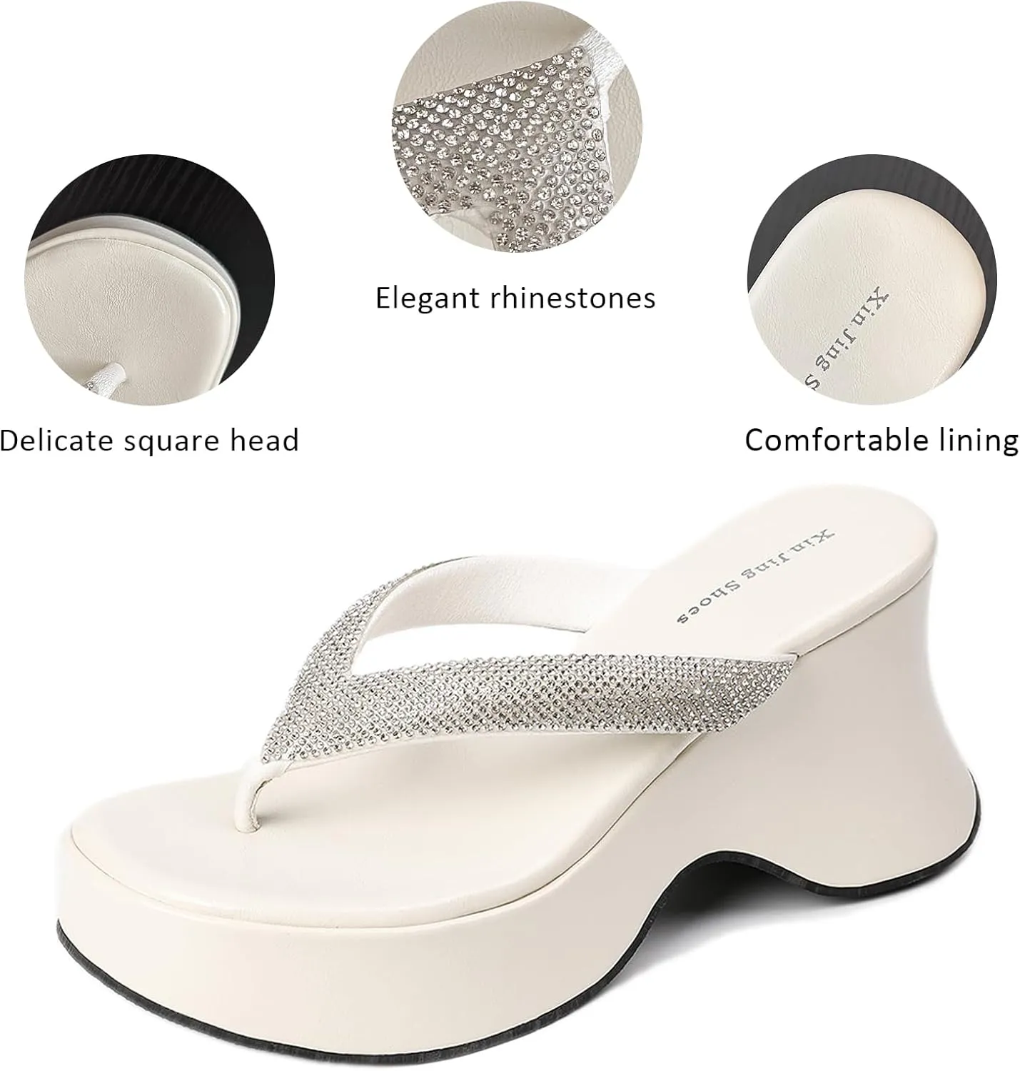 Women's Rhinestone Platform Arch Support Flip Flops Comfortable Chunky Heel Outdoor Non-slip Slip-on Thong Slides Sandals Summer Beach Dress Party Casual Slides Sandals