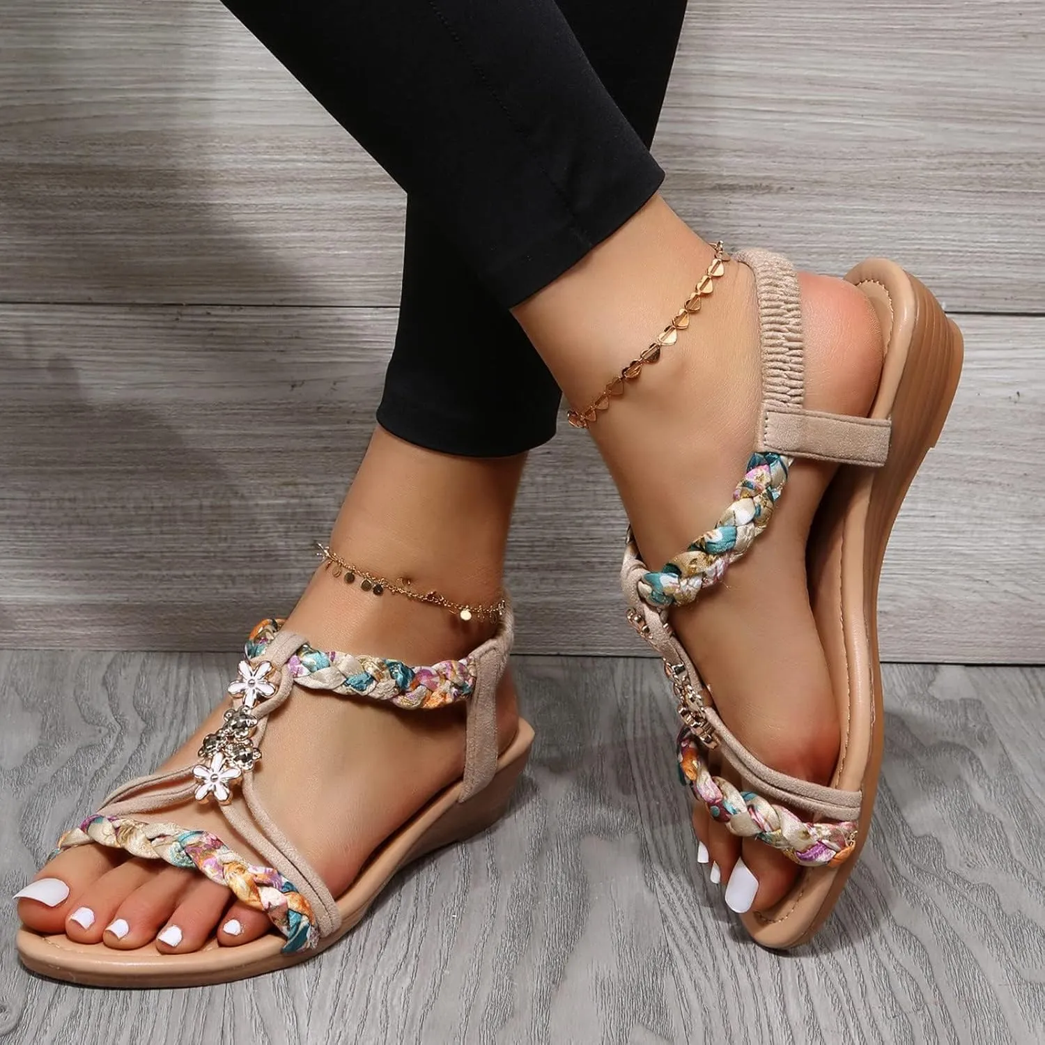 Womens Sandals Comfortable Dressy Summer Bohemian Flats Elastic Ankle Strap Walking Beach Shoes Dress Summer Beach Shoes for Women