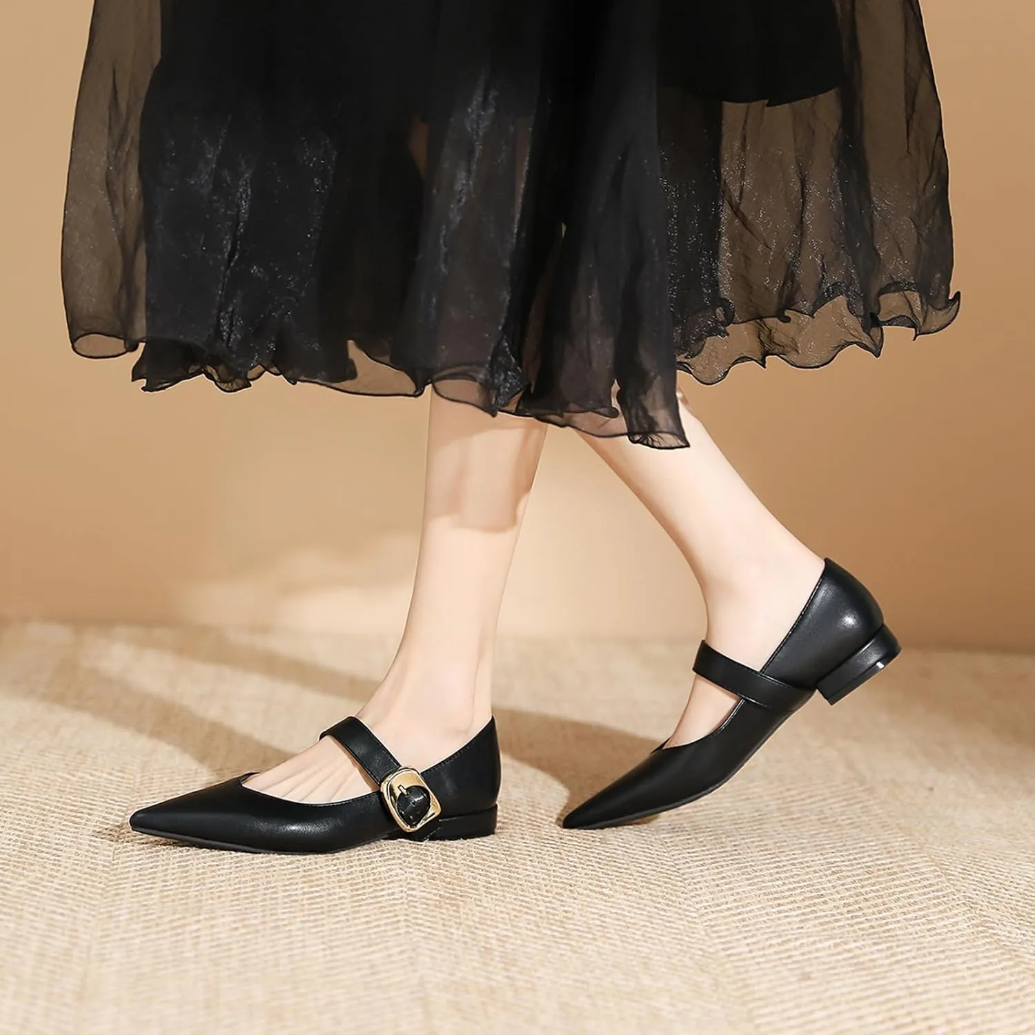 Zeberfi Women's Leather Mary Jane Flats with Buckle Strap Fashion Closed Pointed Toe Shallow Mouth Slip On Work Shoes Comfortable Luxury Business Wedding Dress Shoes